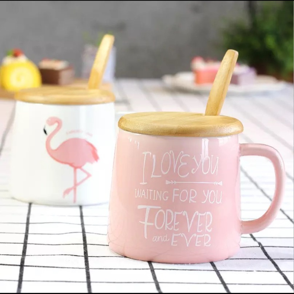 Beautiful flamingo mugs with wooden spoon and lad